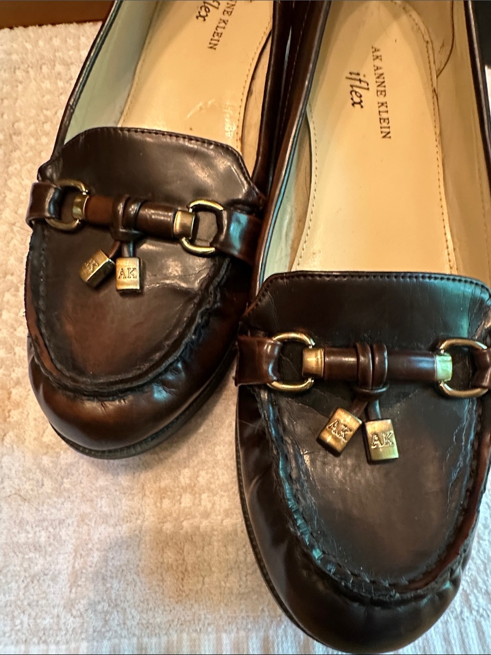 Anne Klein Dark Brown Leather Loafers with Gold Hardware - Picture 4 of 7